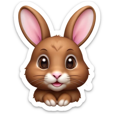 Cinematic Cute Brown Rabbit Portrait Emoji, Head tilted playfully and inquisitively, featuring a glossy, velvety brown fur with perky ears, round, sparkling brown eyes filled with curiosity, Simplified yet irresistibly adorable features, highly detailed, glowing with a warm, friendly glow, high shine, affectionate and lively, stylized with a touch of whimsy, bright and endearing, soft glowing outline, capturing the essence of a mischievous yet loving bunny, so playful it feels like it could hop out of the screen and into your arms! sticker