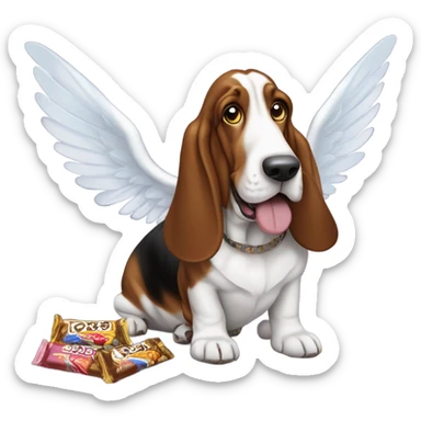 Basset hound with angel wings eating a box of chocolates and candy bars sticker