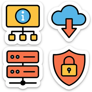 modern color outline icons for information technology, clear symbols for network, cloud, server, and security, minimal, professional, suitable for digital interfaces sticker