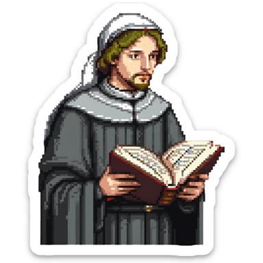 person reading the Canterbury Tales and drinking tea, Geoffrey Chaucer standing behind sticker