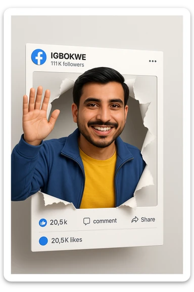 Create a hyper-realistic 3D digital illustration of the person in the photo breaking through a Facebook post frame. The person is smiling exactly as in the photo, wearing a yellow t-shirt and a blue zip-up jacket, waving with their right hand. The Facebook frame appears as a physical cutout with ripped paper edges where the person bursts through, creating a 3D pop-out effect. The top of the frame includes the account name “IGBOKWE” with “WE 111K followers.” The design mimics the Facebook interface with icons (like, comment, share) and the caption section showing “20.5k likes.” Use bright, clean lighting and a neutral background for a modern, polished aesthetic. HD quality. sticker