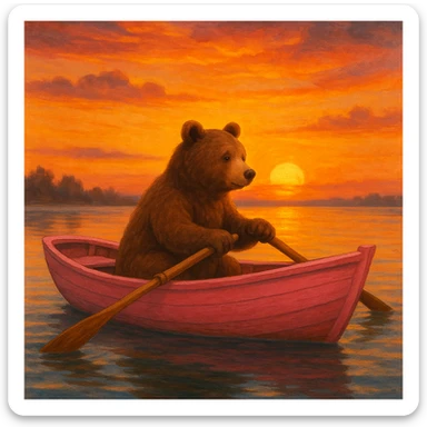 pink rowing boat with a bear rowing, sunset background sticker