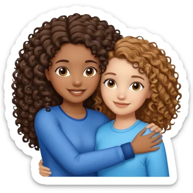 Black girl with curly honey brown hair side hugging and smiling with a white girl with dark brown hair and blue highlights sticker