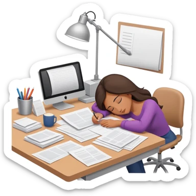 Woman dozing off at bare workspace, just papers on desk sticker