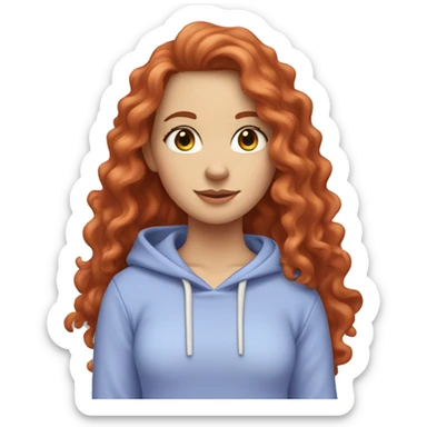 a white girl with long red curly hair, wearing a pastel periwinkle hoodie doing a pose sticker