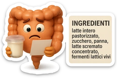 SU QUESTO STILE FAI UN EMOJI STILE IPHONE 3D DI UN INTESTINO CHE HA IN MANO UN BARATTOLO DI YOGURT CONFEZIONATO DA SUPERMERCATO E LEGGE L'ETICHETTA NUTRIZIONALE CON GLI INGREDIENTI IN ITALIANO, ACCANTO ALLO YOGURT CHE HA IN MANO C'è UN FOCUS SULL'ETICHETTA CON GLI INGREDIENTI SCRITTI, FAGLI UN ESPRESSIONE CONFUSA MENTRE LEGGE E FALLO MOLTO REALISTICO IN 3D sticker