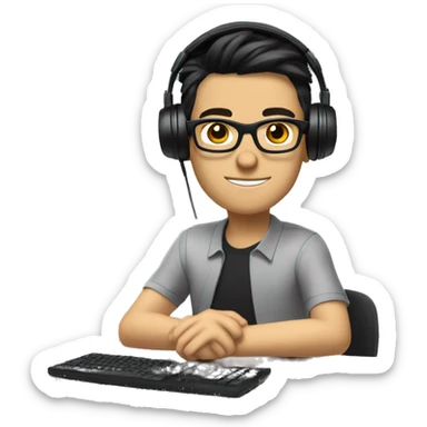 white boy with dark hair and glasses wearing gaming headset and sitting at desk on desktop computer   sticker