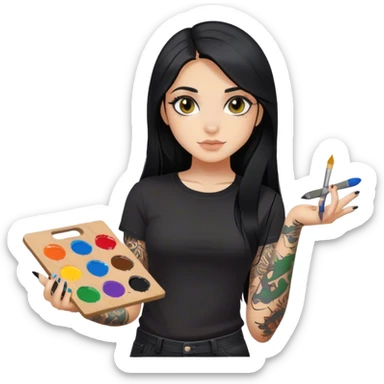A girl with long black hair and hazel eyes and black tattoos on right arm holding a paint palette  wearing black shirt sticker