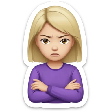 Angry Pouty girl with small asian eyes folding arms in a purple longsleeve shirt she has fair skin and medium length brown hair with blonde sticker