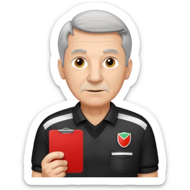 Older Referee – Experienced Look
 Wearing black jersey, gray hair, calm but firm, red card lifted halfway. sticker