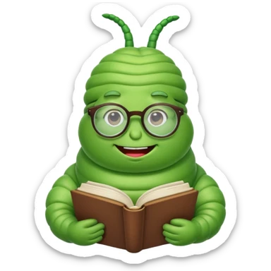 green fat Worm with glasses reading book sticker