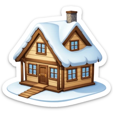 small house viewed directly from the front, with lots of snow sticker