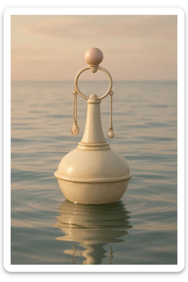 refined buoy with pendants, soft feminine hints, floating in serene sea, elegant and grown-up, not cartoon-like, realistic style sticker