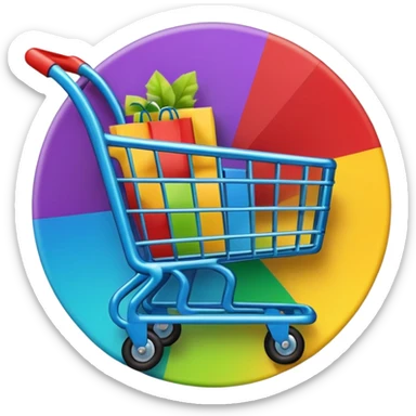 Create a round sticker with a dark black background inside the circle, dynamic edges that smoothly transition step-by-step from green to yellow to red to purple, a small shopping cart icon in the center, the title text ‘New stock soon’, where the word ‘soon’ is blinking in bright blue color.” sticker