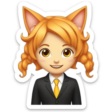 Orange haired girl smiling with peach cat ears in black suit with yellow tie sticker