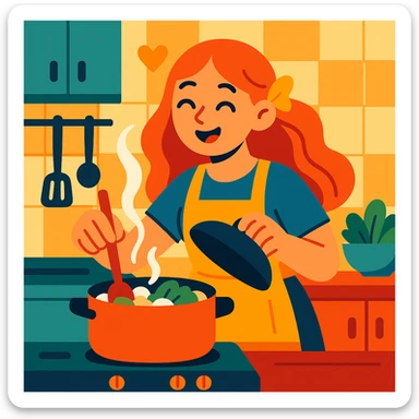 a happy girl cooking food, expressing love and joy, daily life scene, vibrant and cheerful sticker