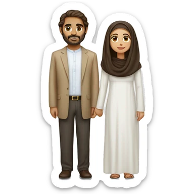 A wheat-haired woman with long brown hair with a long white Emirati husband sticker