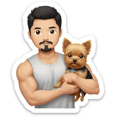  Holding a blonde yorkie. Dark haired Korean Asian handsome man with black pointy hair full goatee and biceps. No female sticker