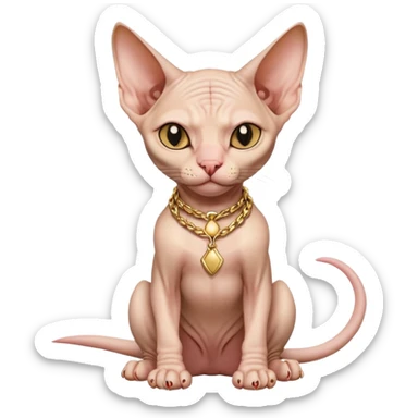 hairless Sphynx cat full body sitting, wearing a gold chain, winking sticker