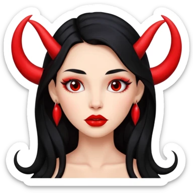 A girl's face with cheekbones, skin red, long black hair, small red horns, big lips sticker