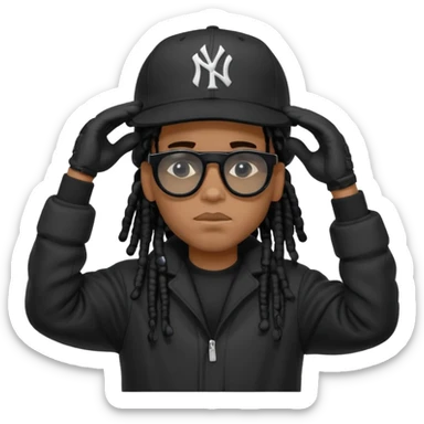 African American man with shoulder length black dreadlocks wearing black sunglasses with black bubble winter coat wearing a New York Yankees baseball hat with his hands on top of head in thinking position sticker
