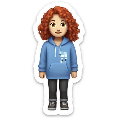 a white girl with long red curly hair and freckles, wearing periwinkle Minecraft hoodie playing a videogame smiling sticker