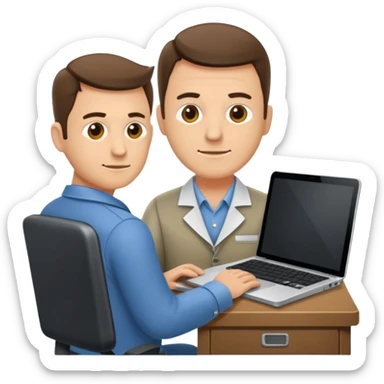 Mach mir einen Trader der in einem Schreibtischstuhl sitzt mit einem Laptop. vor sich am tisch sticker