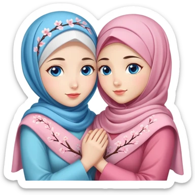 Two sister Turkish girls beautiful finish Konya blue eyes with cherry blossom hijab and heart dress and hugs  sticker