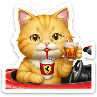 Yellow cat in a Ferrari drinking soda sticker