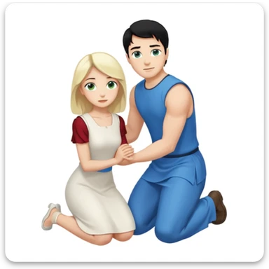 Man as king, black Hair, blue eyes, woman, blonde, green eyes, shott white sleveless Dress, kneeling, background palace sticker