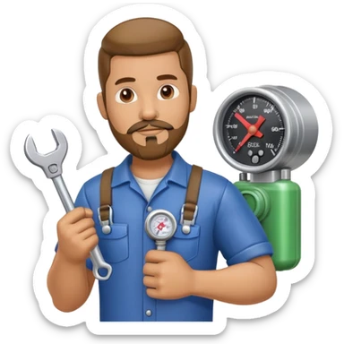 Latino HVAC repairman action figure with goatee beard holding a wrench and refrigerant gauge sticker