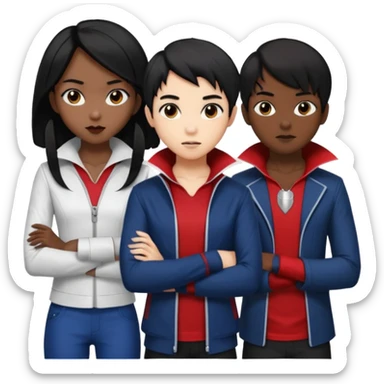 Solo poly platonic relationship, one is south African girl, one is Asian boy, one is biracial features Asian tomboy girl with anime short hair with long hair, vampire and marvel cosplay elements inspired. sticker