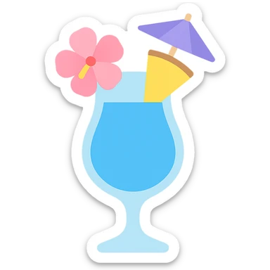 blue tropical cocktail with hibiscus, pineapple, and paper umbrella garnish sticker