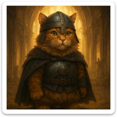 Viking ginger cat with helmet no horns, standing in Valhalla, glowing background, fantasy style sticker
