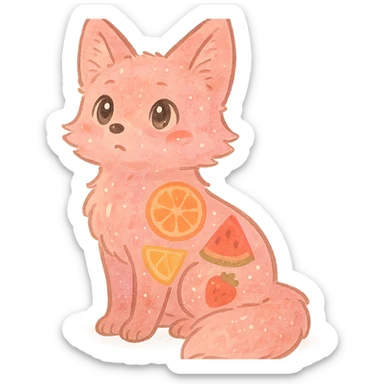 soft fluffy fox with a transparent body and visible fruit pieces inside, sparkling eyes, pastel pink, full-body sticker
