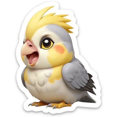 Cinematic Cute Yawning Cockatiel Portrait Emoji, Head tilted slightly with a dramatic, wide-open yawn, showcasing a soft grey fur with subtle yellow accents and gently drooping crest feathers, round dark eyes barely open in drowsy contentment, Simplified yet irresistibly adorable features, highly detailed, glowing with a soft, cozy glow, high shine, relaxed yet expressive, stylized with a touch of whimsy, bright and endearing, soft glowing outline, capturing the essence of a sleepy yet affectionate cockatiel, so drowsy it feels like it could stretch out of the screen and curl up for a nap! sticker