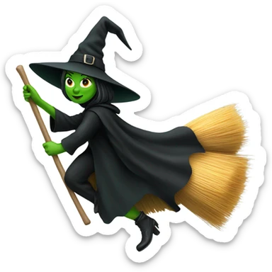 Flying green witch with black cape on broom sticker