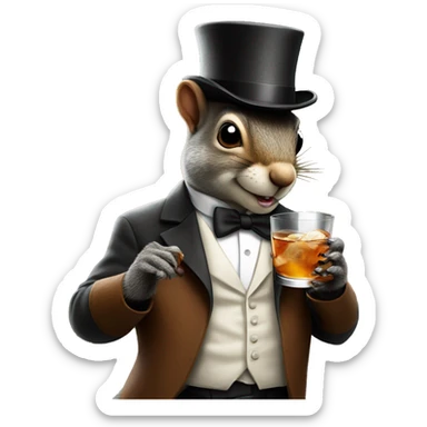 a squirrel with a mafia tophat holding a martini drink sticker