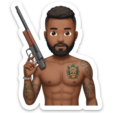 Ebony Crip gang member with no shirt an beard with tattoos all over holding gun sticker