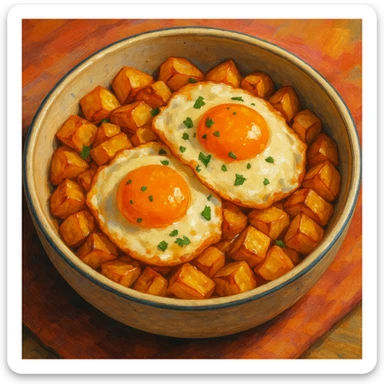 eggs served over potatoes in a bowl, food illustration sticker