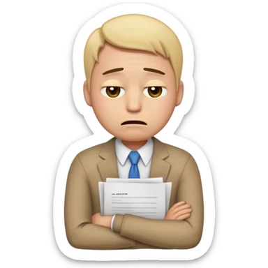  emoji character wearing a interview clothoes. face has a very sad crying, disappointed expression with drooping eyebrows and half-closed eyes. posture is dejected, with slumped shoulders just rejected from his interview to get a job, holding CV. dont make it old person. sticker