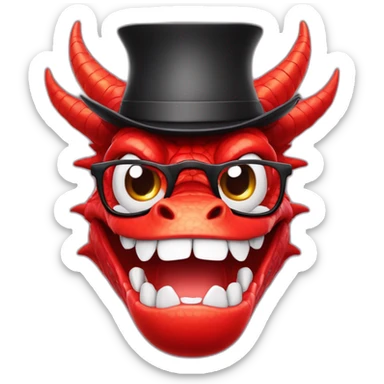 Crazy funny red dragon head with human white teeth and beautiful smile wearing glasses and hat sticker