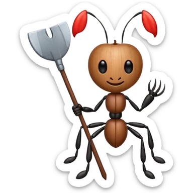 an emoji of an ant with body and legs made out of axes, apple emoji style sticker