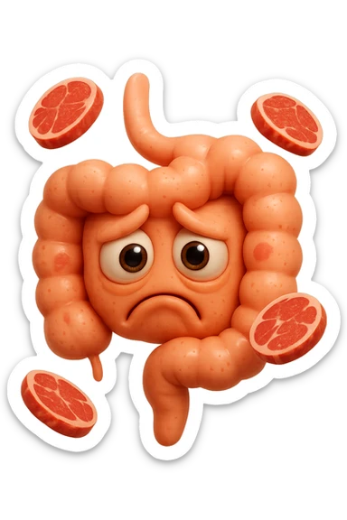emoji stile iphone in 3d di un intestino triste con fette di carne che gli fluttuano intorno, gli occhi falli con la parte bianca pure, iperrealistico 4k sticker