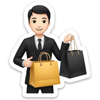 a white man black hair in a black suit with clothing shopping bag sticker