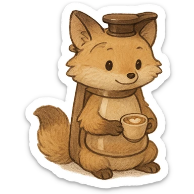 high-quality, visually appealing, normal-looking soft pastel fluffy fox designed as a coffee maker animal, holding a tiny latte cup, brown and beige tones, full-body, 电器拟动物风格 sticker