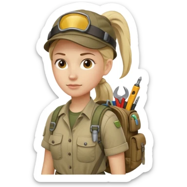 A female explorer with ponytail, backpack full of tools, confident and determined.
 sticker