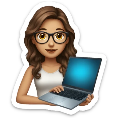 Beautiful girl with brown hair, glasses and laptop sticker