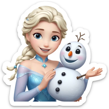 Cinematic Funny Elsa Portrait Emoji, Making a tiny snowman in her hands with a proud grin, looking smug as it dances, an unexpectedly hilarious moment of icy creativity! sticker