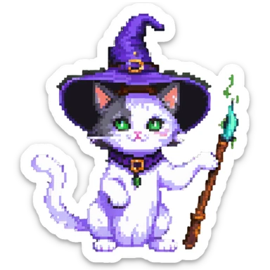 witch cat with a visible paw, cat wearing a witch hat, casting a spell sticker